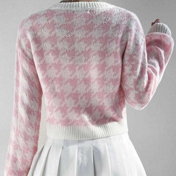 Pink Contemporary Houndstooth Print button down knit sweater Cardigan - Picture 5 of 6